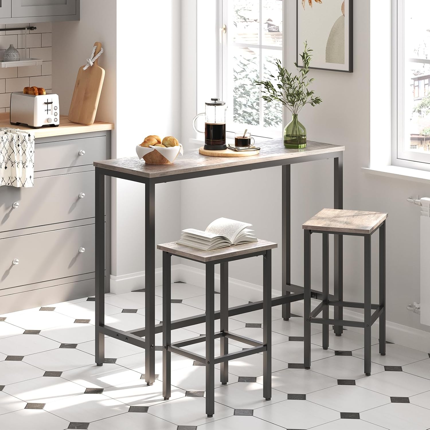 HOOBRO Bar Table and Chairs Set, 47.2' Rectangular Pub Table with 2 Stools for Small Space, High Top Table, 3-Piece Breakfast Set, Sturdy Metal Frame, Easy to Assemble, Greige BG52BT01