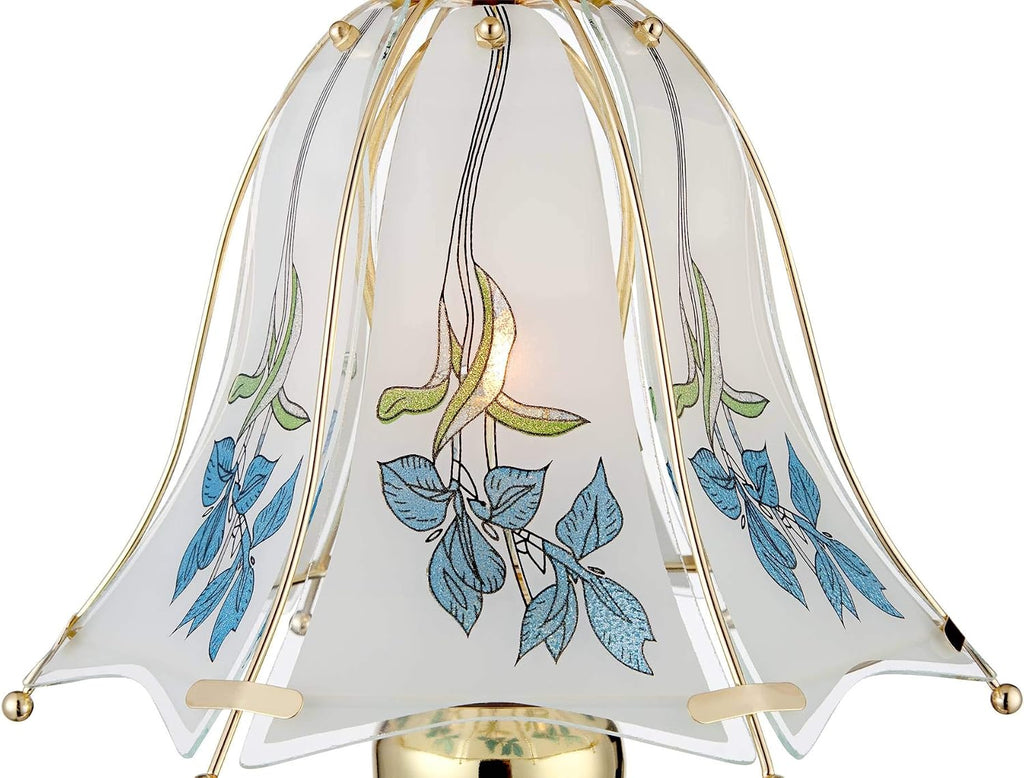 Regency Hill Blue Flower Traditional Accent Table Lamps 18' High Set of 2 Classic Brass Gold Printed Glass Shade Touch On Off for Living Room Bedroom House Bedside Nightstand Home Office
