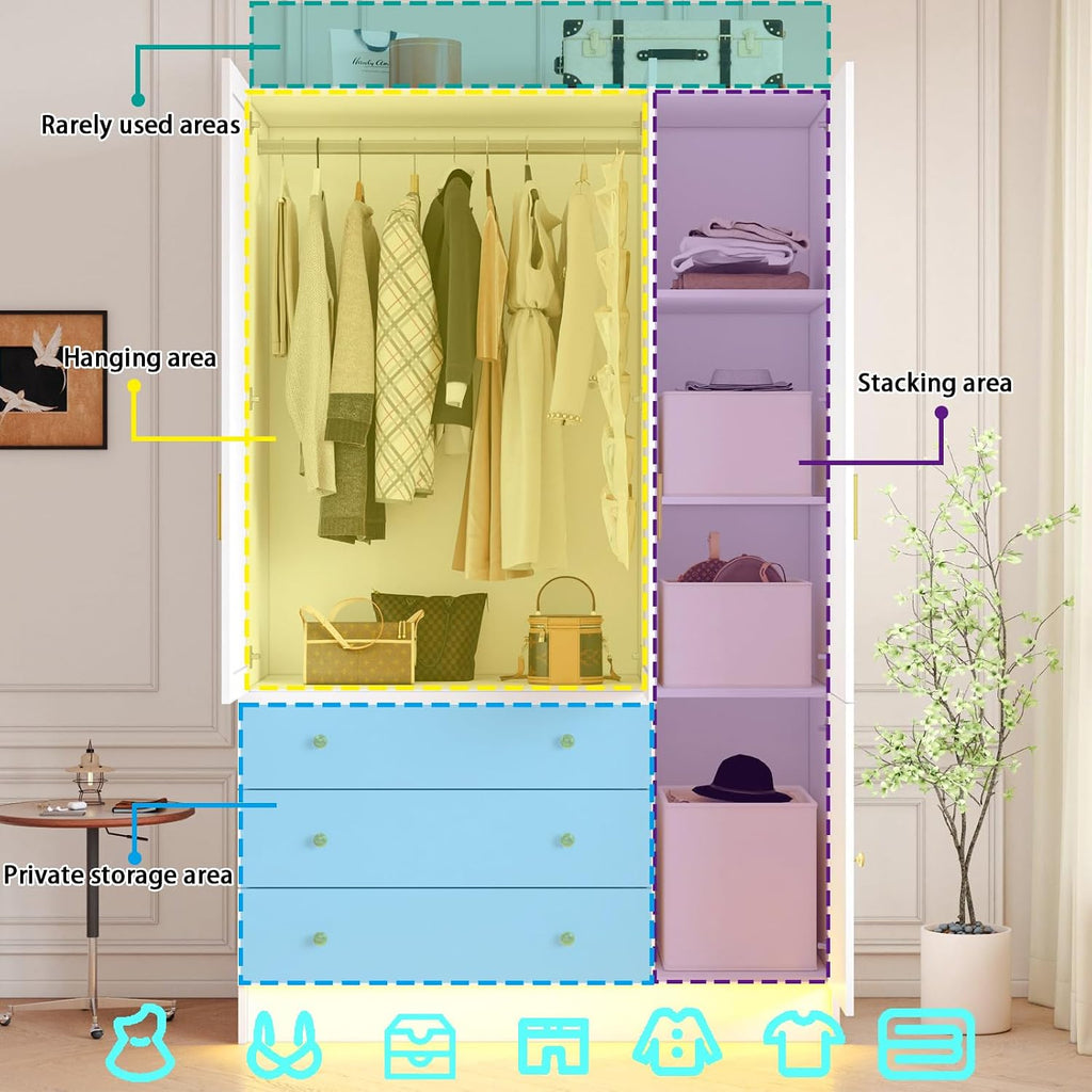 3 Doors LED Wardrobe Closet, 75' Tall Modern Armoire with Mirror & 3 Drawers, Wooden Armoire Wardrobe Closet for Bedroom, Hanging Rod, Freestanding Clothing Storage Cabinet, White