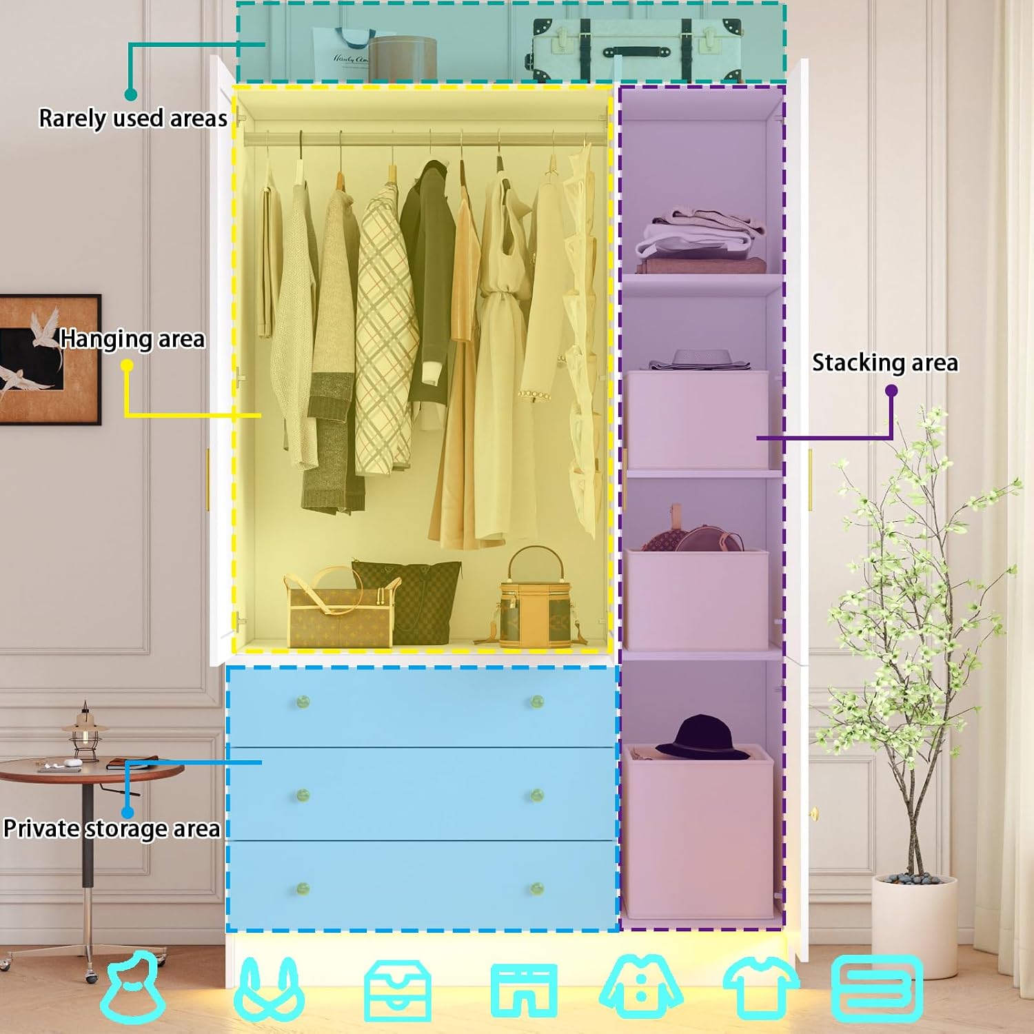 3 Doors LED Wardrobe Closet, 75' Tall Modern Armoire with Mirror & 3 Drawers, Wooden Armoire Wardrobe Closet for Bedroom, Hanging Rod, Freestanding Clothing Storage Cabinet, White