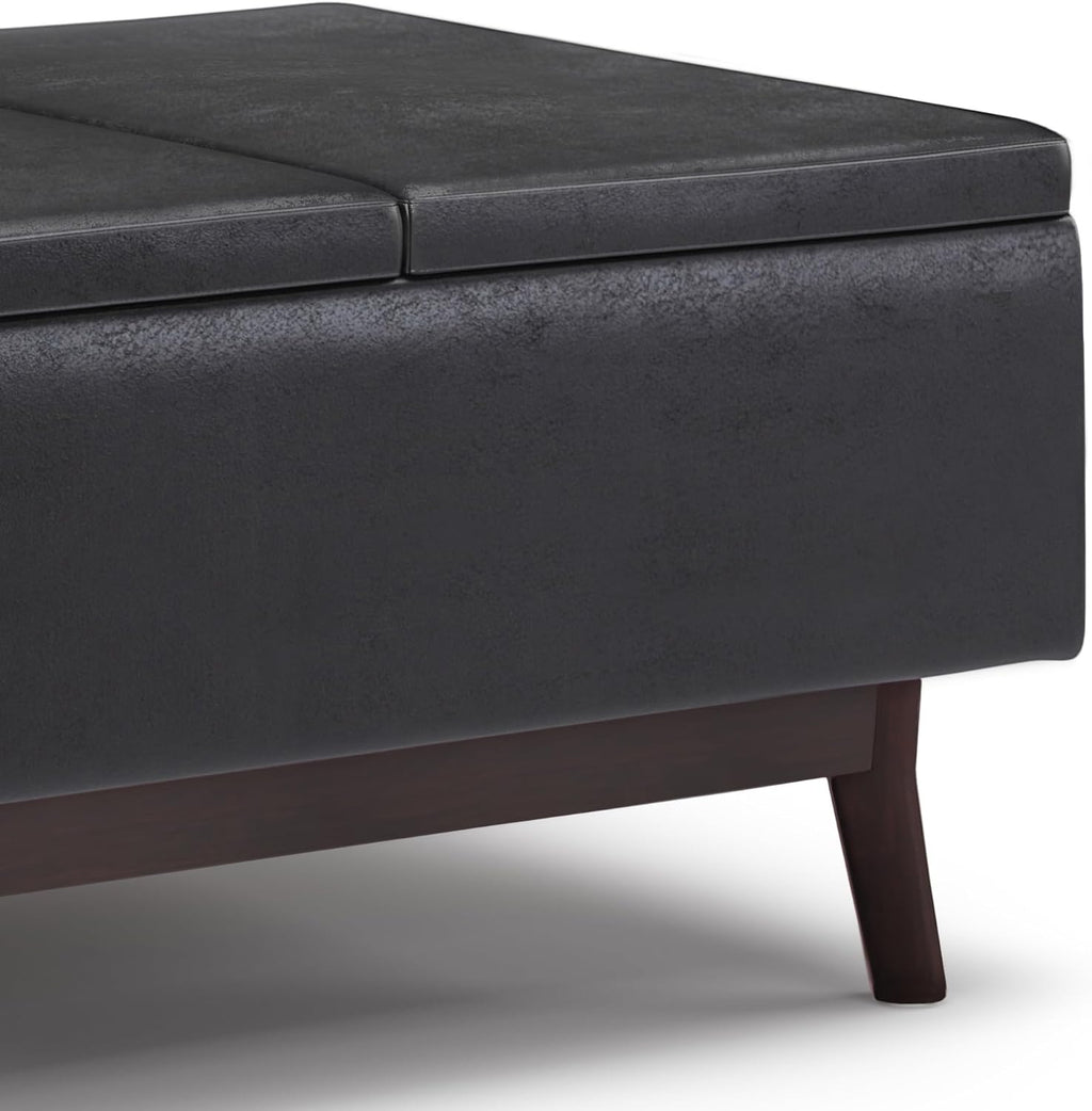 SIMPLIHOME Owen Tray Top Small Coffee Table Storage Ottoman - 34 inch Wide Upholstered Vegan Leather Rectangular Flip-Top Ottoman in Distressed Black, Mid-Century Ottoman for Living Room