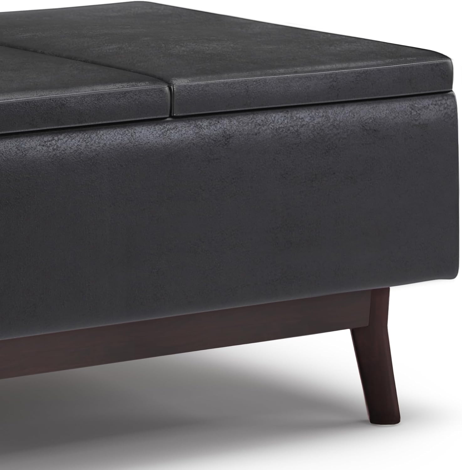 SIMPLIHOME Owen Tray Top Small Coffee Table Storage Ottoman - 34 inch Wide Upholstered Vegan Leather Rectangular Flip-Top Ottoman in Distressed Black, Mid-Century Ottoman for Living Room