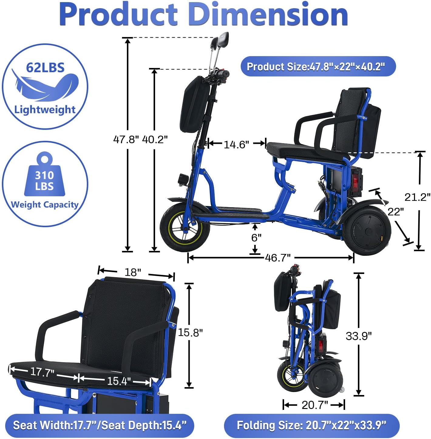 3-Wheel Folding Mobility Scooter Foldable Lightweight Electric Scooter for Adults & Seniors, Detachable Lithium Battery, Long Range 28 Miles, 3-Speed, with Rearview Mirror & Turn Signal (Blue)