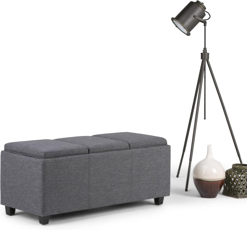 SIMPLIHOME Avalon Storage Ottoman - 42 inch Wide Upholstered Linen Look Fabric Rectangular Flip-Top Ottoman in Slate Grey, Contemporary Coffee Table Ottoman for Living Room with Hidden Storage