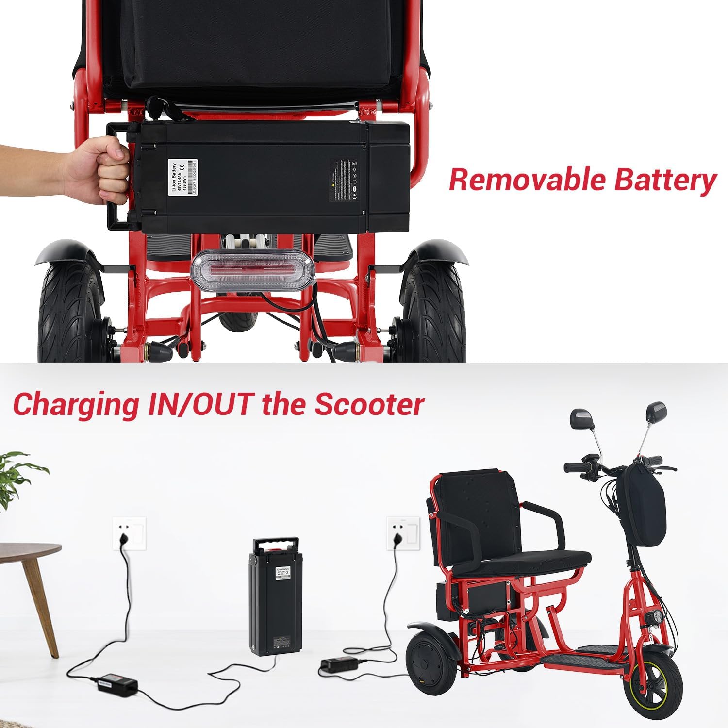 3-Wheel Folding Mobility Scooter Foldable Lightweight Electric Scooter for Adults & Seniors, Detachable Lithium Battery, Long Range 28 Miles, 3-Speed, with Rearview Mirror & Turn Signal (Red)
