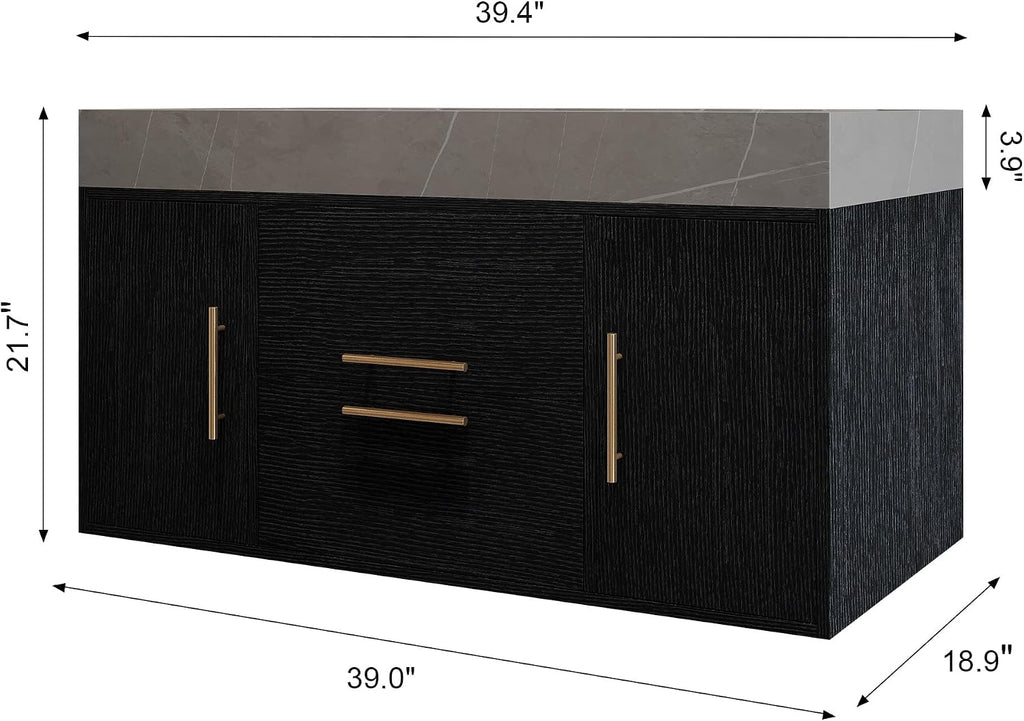 39.4' Bathroom Vanity with Oval Ceramic Sink, Floating Vanity Bathroom Sink Cabinet Wall Mount, Soft-Close Function 2 Large Hidden Drawers & Cabinet