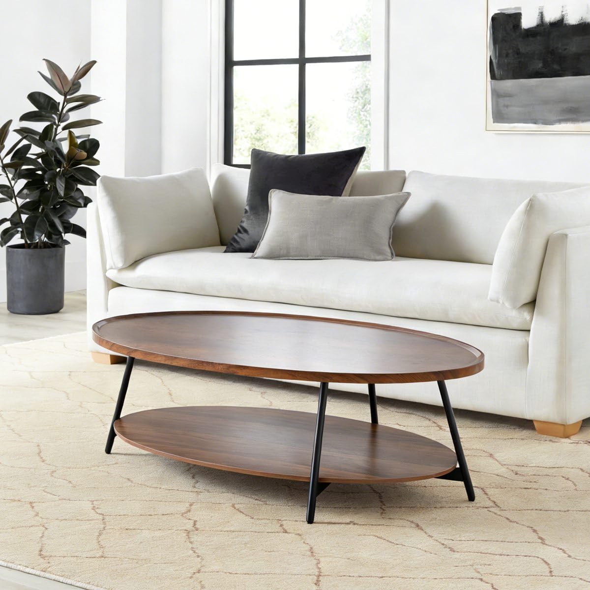 AGV Oval Coffee Table with Shelf Storage, 2-Tier Walnut Wood Finish Center Table for Living Room, Modern Asymmetrical Metal Legs, Raised Edge Sofa Table