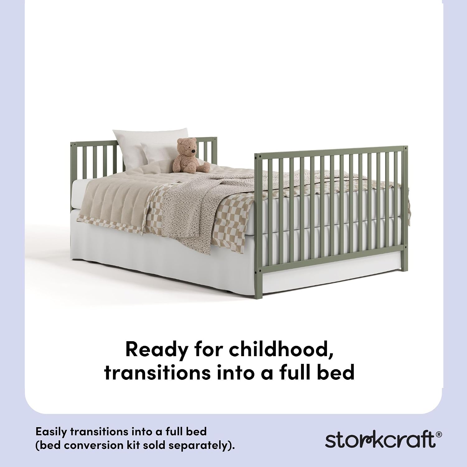 Storkcraft Morningside 5-in-1 Convertible Crib – GREENGUARD Gold Certified, Fits Standard Crib Mattress, Converts to Toddler Bed, Daybed and Full Bed, 4 Adjustable Mattress Heights (Olive)
