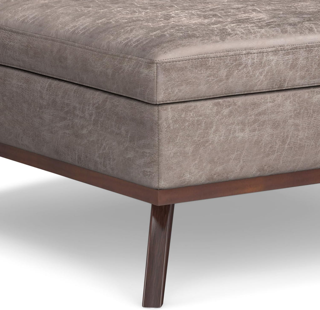 SIMPLIHOME Owen XL Square Coffee Table Storage Ottoman - 40 inch Wide Upholstered Vegan Leather Lift-Top Ottoman in Distressed Grey Taupe, Mid-Century Modern Ottoman for Living Room with Storage