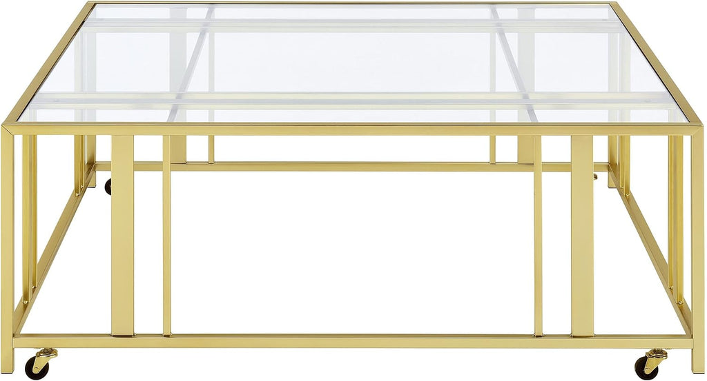 Coaster Home Furnishings - Adri - Square Glass Top Coffee Table with Geometric Base and Mobile with Rolling Casters - Contemporary - Living Room - Matte Brass - 710188