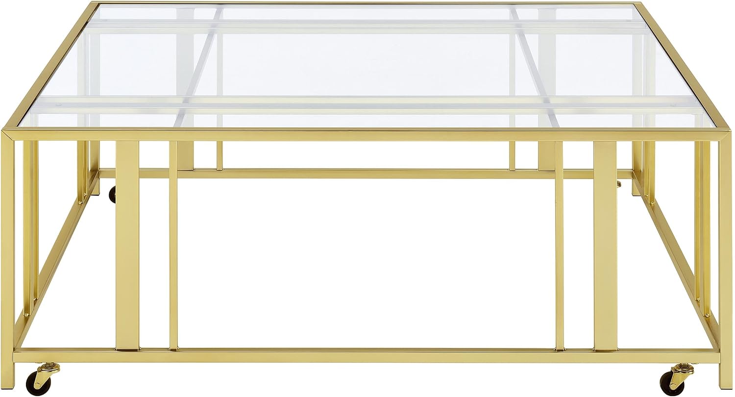 Coaster Home Furnishings - Adri - Square Glass Top Coffee Table with Geometric Base and Mobile with Rolling Casters - Contemporary - Living Room - Matte Brass - 710188