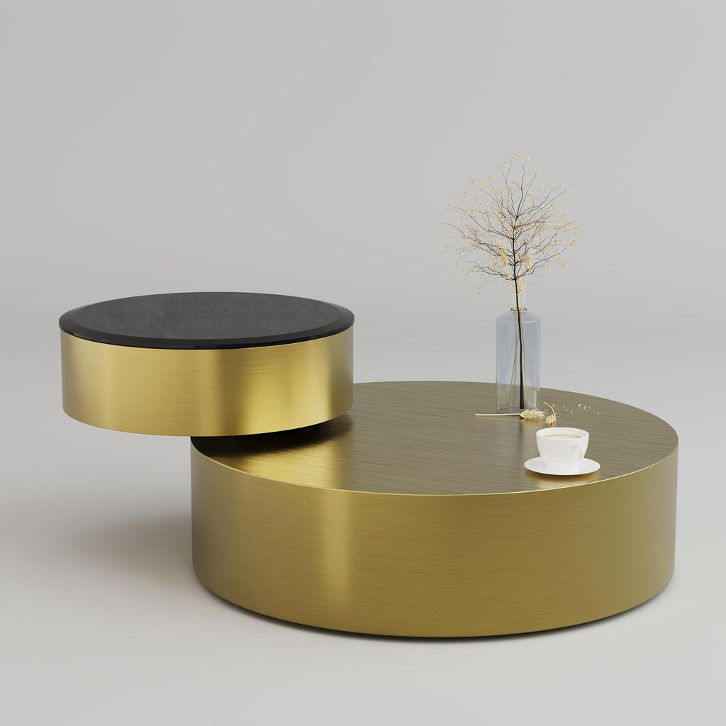 41 Inch Round Rotating Coffee Table with 360 Degree Swivel Top and 2 Tier Design, Brushed Brass Stainless Steel Frame with Black Tempered Glass, Modern Center Table for Living Room or Office
