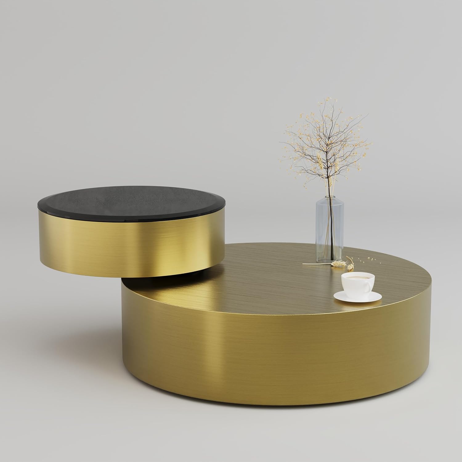 41 Inch Round Rotating Coffee Table with 360 Degree Swivel Top and 2 Tier Design, Brushed Brass Stainless Steel Frame with Black Tempered Glass, Modern Center Table for Living Room or Office