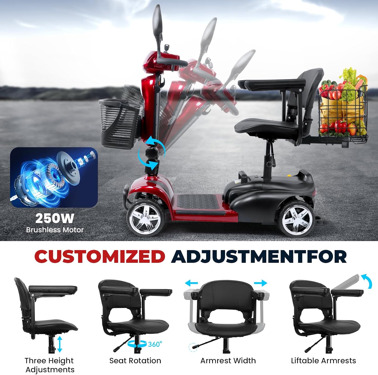 4 Wheel Mobility Scooters for Adults, Foldable Powered Mobility Scooter with Rearview Mirror,14 Miles Range, 5 Mph Long Range Power Extended Battery with Charger, Rear Basket and LED Light (Red-X-03)
