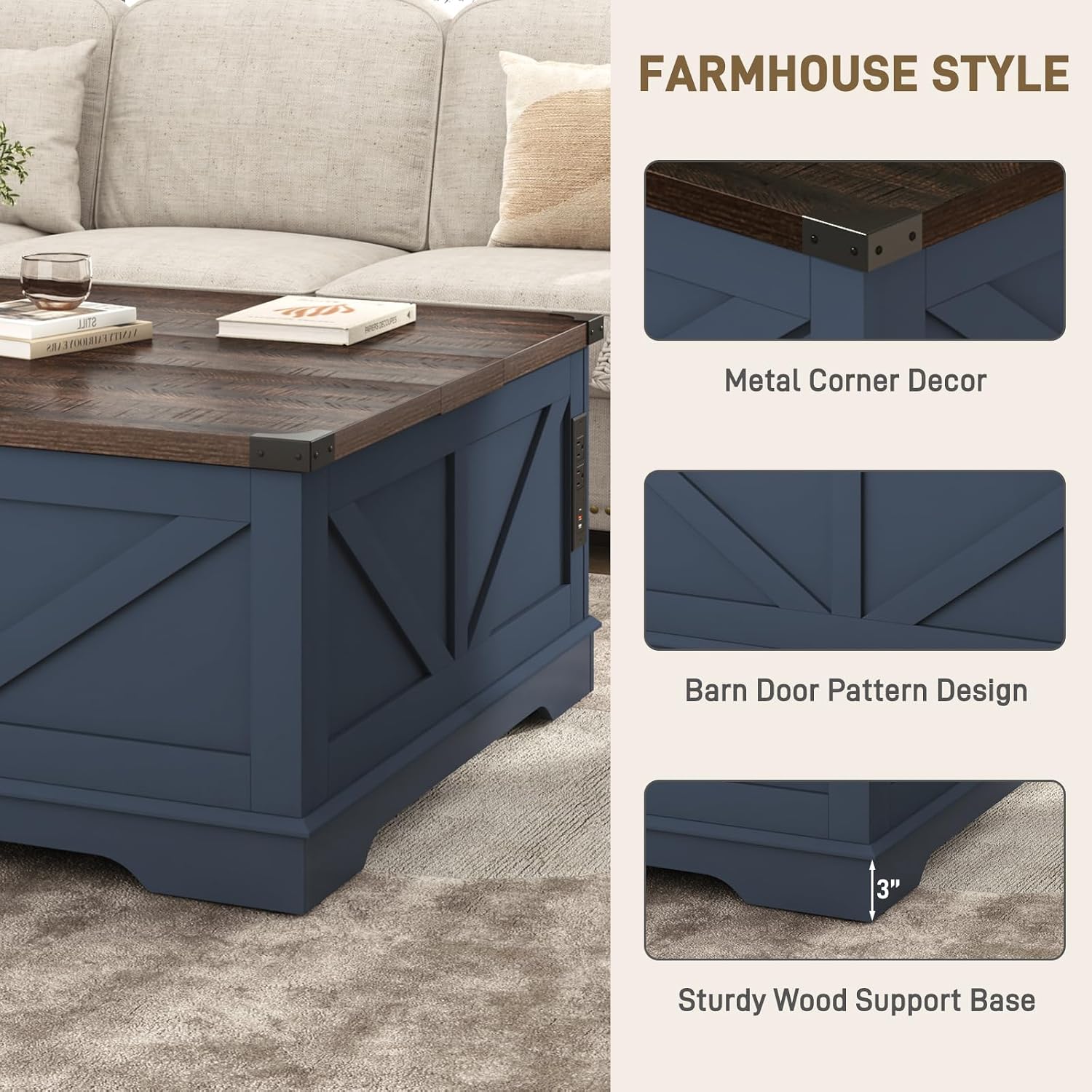 Hlivelood 40' Large Farmhouse Lift Top Coffee Table with Power Outlets and Large Hidden Storage, Square Wood Living Room Tables, Multi-Function Lift Wooden Barn Door Center Table, Blue