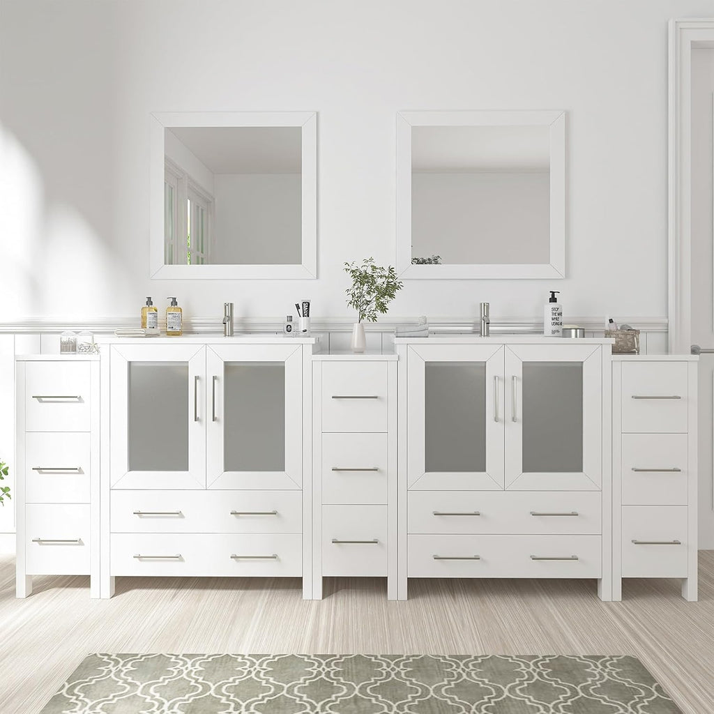 Vanity Art 96 Inch Under Mount Double Sink Bathroom Vanity Cabinet with 2 Mirrors, Ceramic Top Bathroom Cabinet Compact Set with 13 Dovetail Storage Drawers, VA3030-96-W