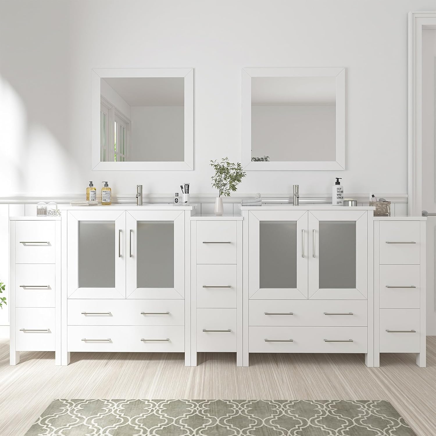 Vanity Art 96 Inch Under Mount Double Sink Bathroom Vanity Cabinet with 2 Mirrors, Ceramic Top Bathroom Cabinet Compact Set with 13 Dovetail Storage Drawers, VA3030-96-W
