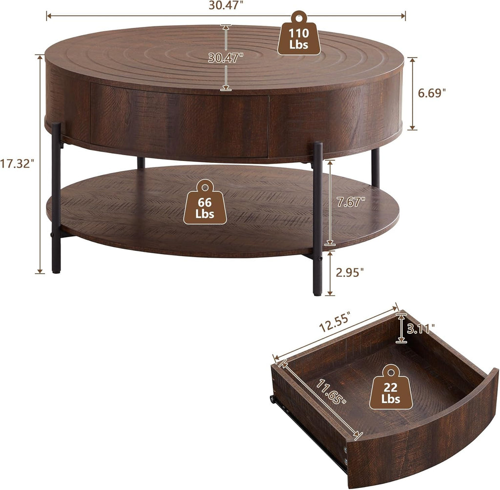 RARZOE 30.5' Round Coffee Table with Storage, Wooden Circle Coffee Table with Drawer, Storage Shelf, Metal Legs，Small Dining Table Accent Center Table for Living Room Home Office Apartment,Dark Brown