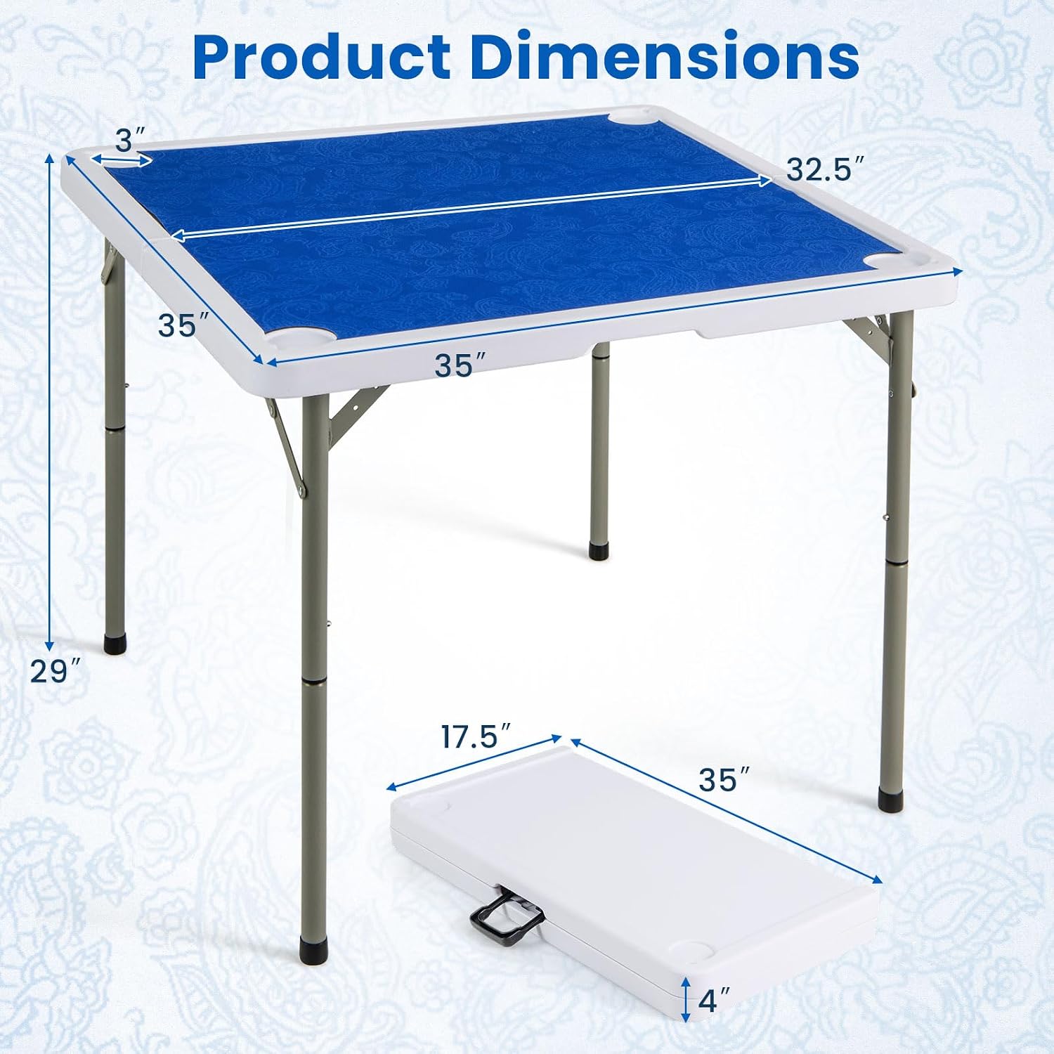 Goplus Mahjong Table, 35' Square Folding Card Table w/4Cup Holders, Anti Slip Mat, HDPE Tabletop, Metal Legs, Portable Mahjong Game Table for Domino Game, Picnic (Navy, Table w/Removable Mat)