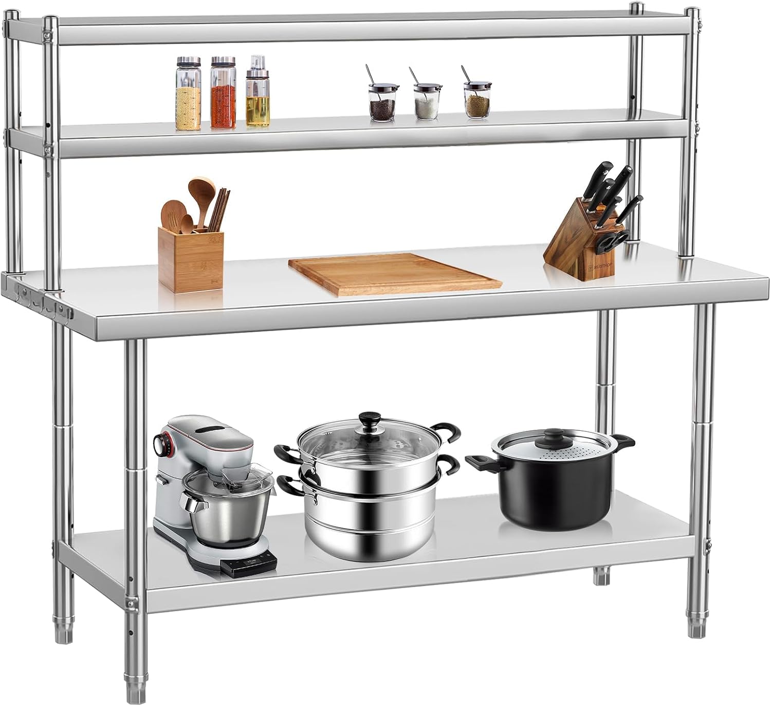 Garvee 48x24 in NSF Stainless Steel Prep Table with Adjustable Overshelves & Hooks – Commercial Kitchen Island for Restaurant, Home & Hotel, Heavy-Duty Workbench with Rust-Resistant Coating