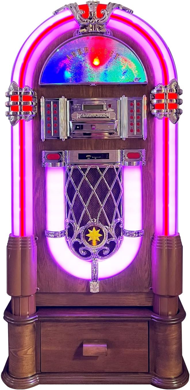 Arkrocket Full Size Jukebox Vinyl Record Player Bluetooth USB SD CD Player Radio Retro Turntable Classic Jukebox (Taurus II + Stand - Oak)