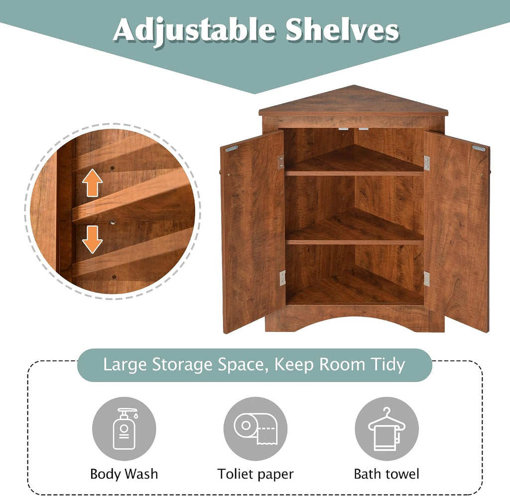 Knocbel 31.5' Height Corner Floor Storage Cabinet with Brushed Nickel Knobs, 2 Doors and Adjustable Shelves, Bathroom Pantry Corridor Free Standing Triangle Organizer Unit (Brown)