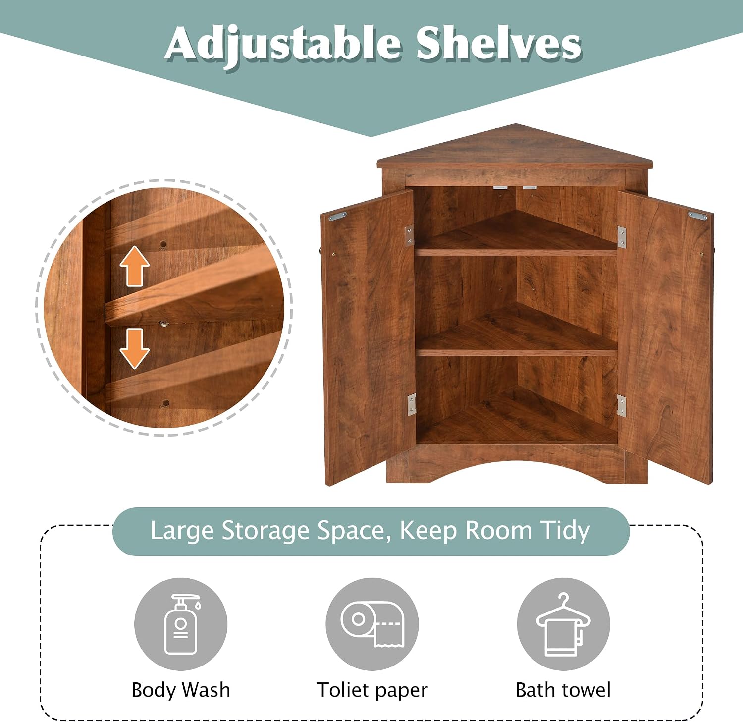 Knocbel 31.5' Height Corner Floor Storage Cabinet with Brushed Nickel Knobs, 2 Doors and Adjustable Shelves, Bathroom Pantry Corridor Free Standing Triangle Organizer Unit (Brown)