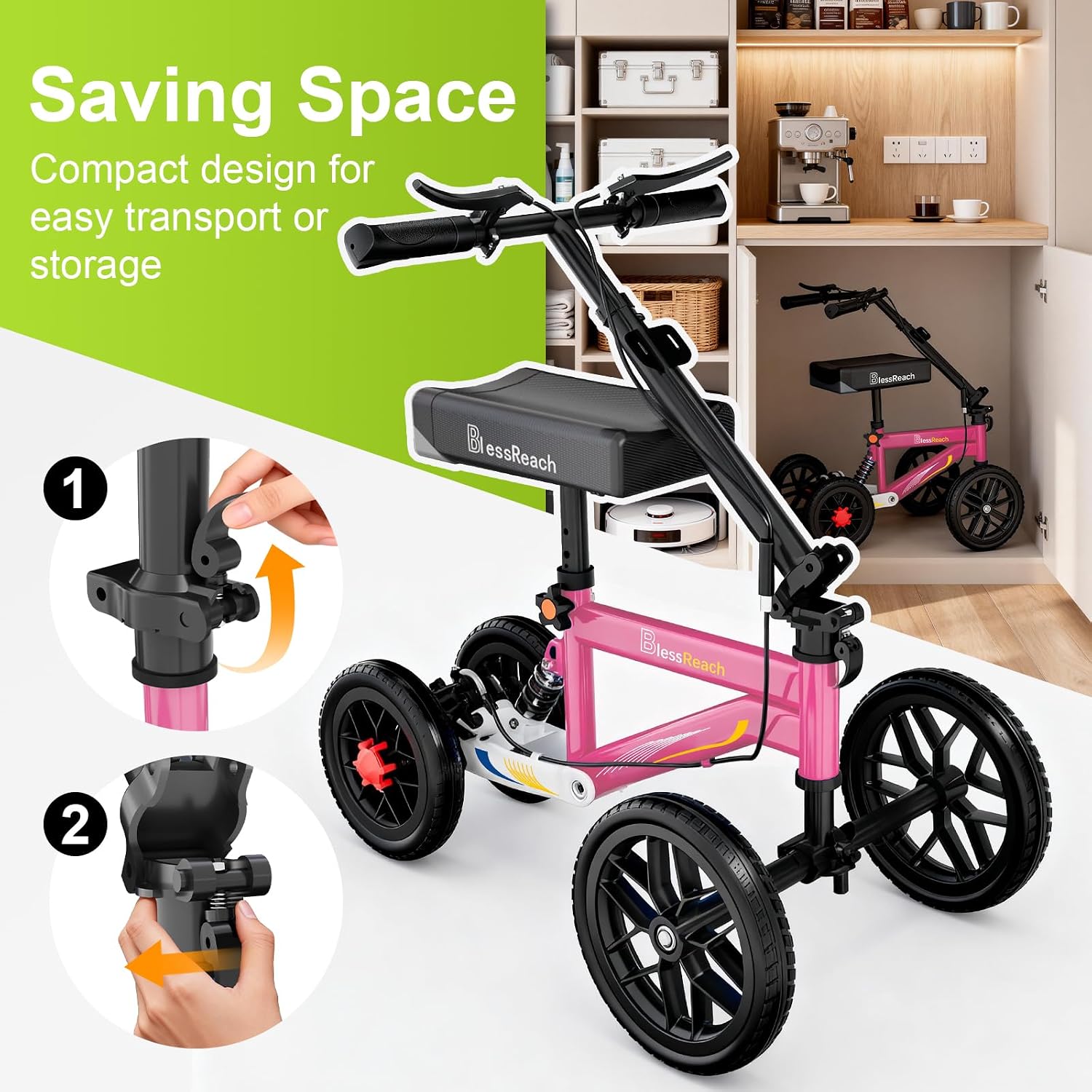 BlessReach Economy Steerable Knee Walker - Compact Crutch Alternative for Foot Injuries with Dual Braking System (Pink)