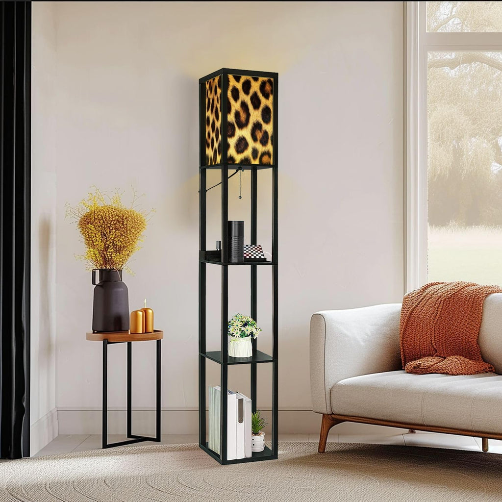 Floor Lamp with Shelves Leopard Cheetah Animal Print Seamless Tile Standing Tall Lamp USB Ports & Power Outlet Modern Corner Lamp Nightstand Light for Living Room Bedroom
