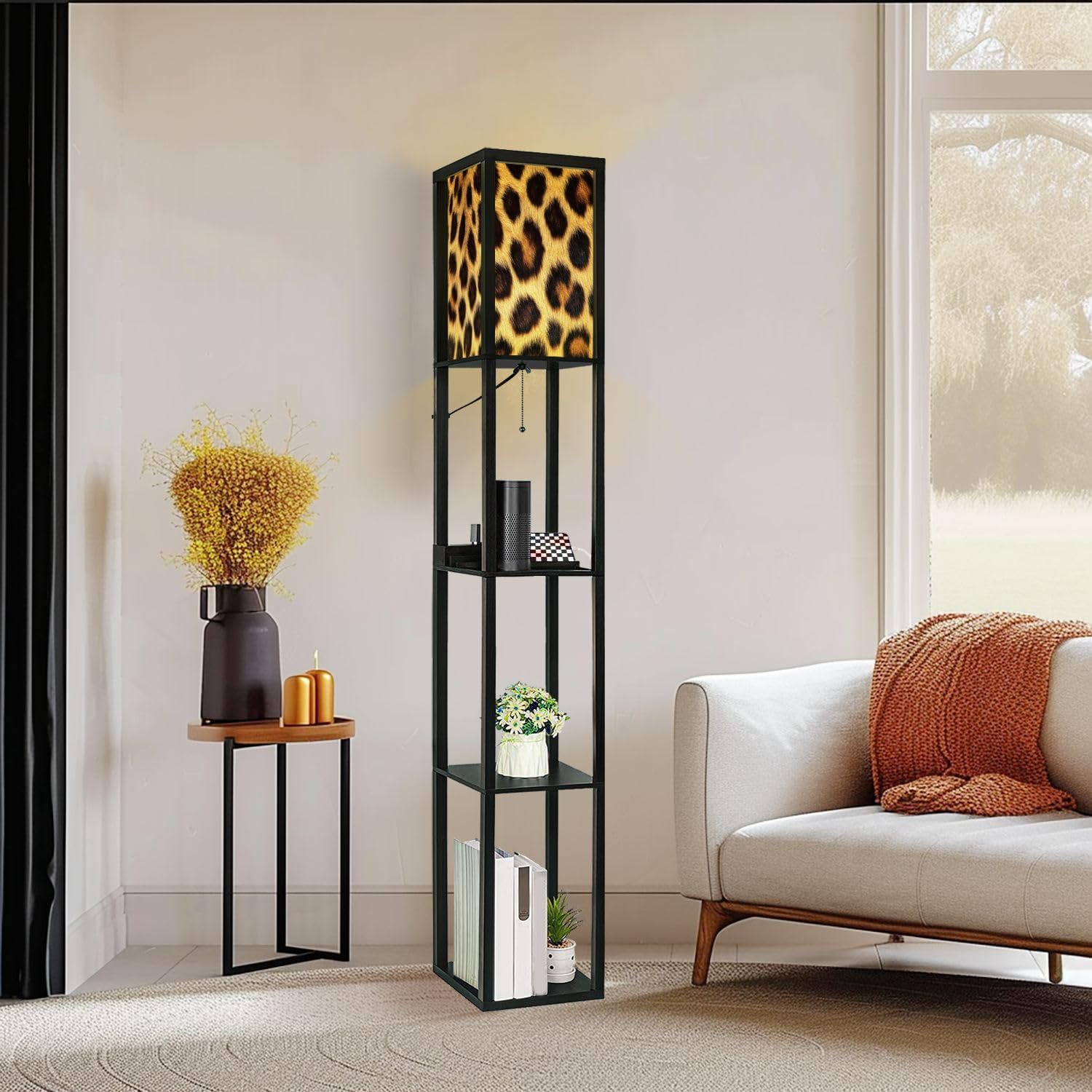 Floor Lamp with Shelves Leopard Cheetah Animal Print Seamless Tile Standing Tall Lamp USB Ports & Power Outlet Modern Corner Lamp Nightstand Light for Living Room Bedroom