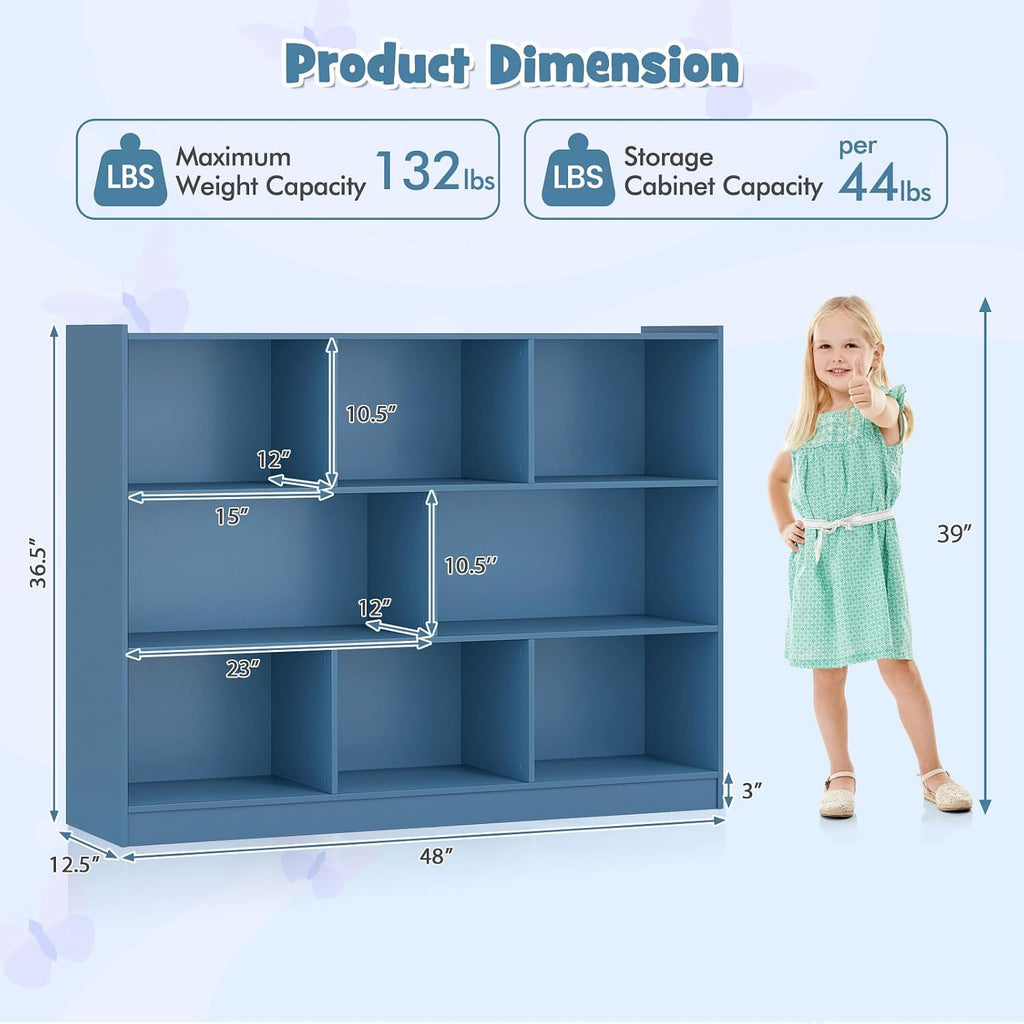 KOTEK Toy Storage Organizer, 5 Cubby Kids Bookshelf, Wooden 3-Tier Bookcase Storage Cabinet, Open Display Book Shelf for Daycare, Nursery, School Classroom, Living Room (Blue, 8 Cubes)