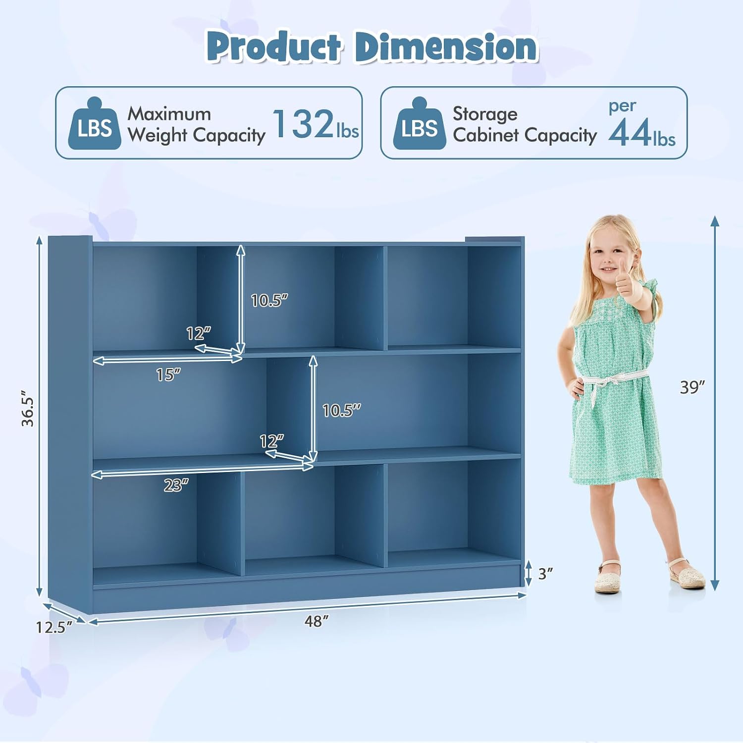 KOTEK Toy Storage Organizer, 5 Cubby Kids Bookshelf, Wooden 3-Tier Bookcase Storage Cabinet, Open Display Book Shelf for Daycare, Nursery, School Classroom, Living Room (Blue, 8 Cubes)