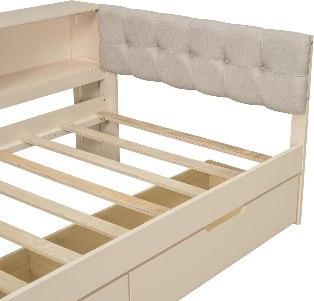 Bellemave Twin Size Corner Bed Frame with Storage Drawers and Desk,Captain Daybed with L-Shaped Bookcase,Corner Bed Frame Twin Size with Charging Station for Kids,Teens,Guests,Cream