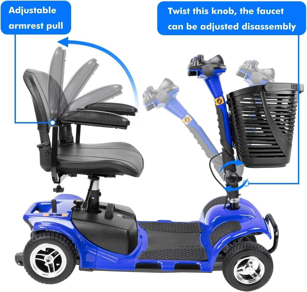 FERBAM 4 Wheel Mobility Scooter, Electric Power Mobile Wheelchair for Seniors Adult with Lights Collapsible and Compact Duty Travel Scooter w/Basket and Extended Battery Blue 1.0 Count