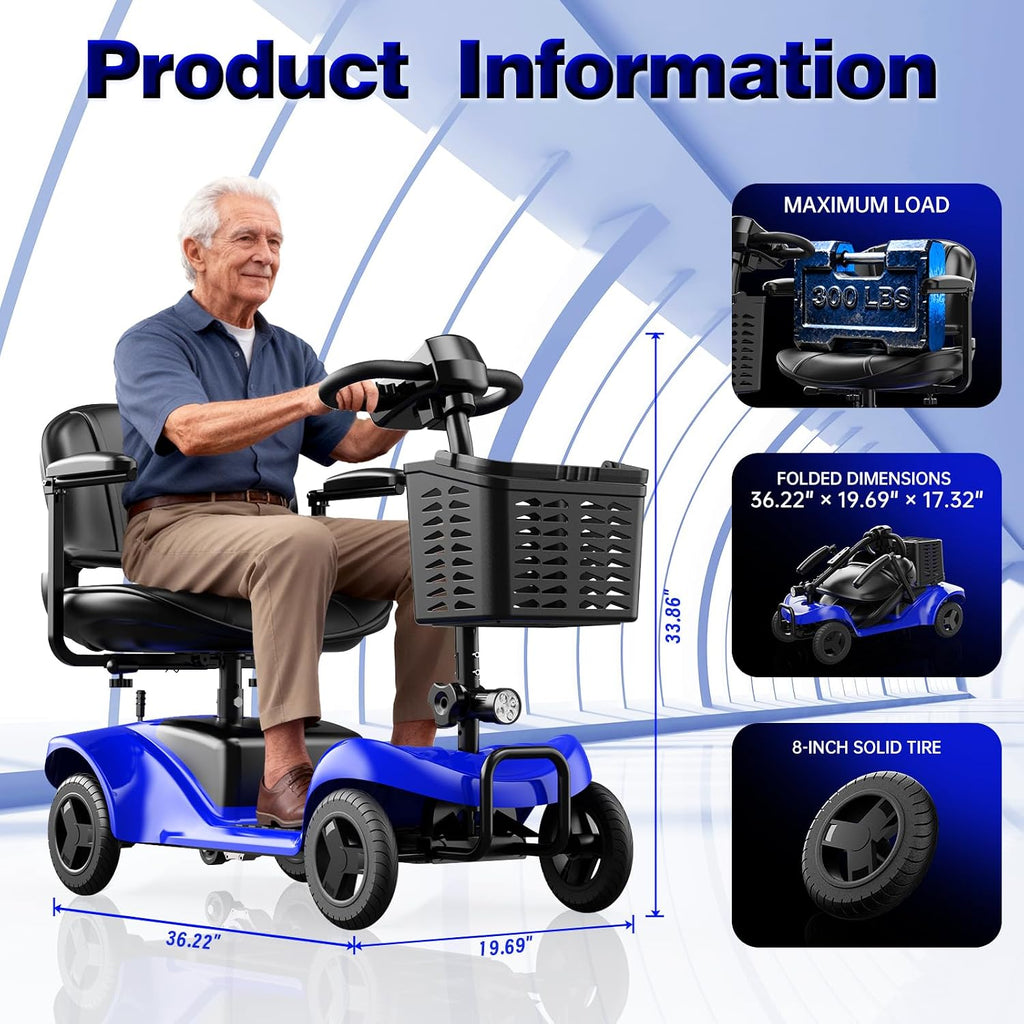 Mobility Scooter,4 Wheel Mobility Scooter,28 Miles Range,300W Motor, 300LBS Capacity,Lightweight and Portable,with LED Headlights and Basket,Charger Included,Blue