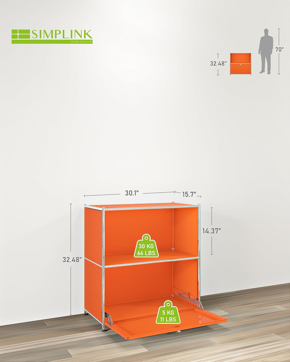 32.5-Inch Flip-Top Storage Cabinet with Detachable Wheels, Metal Side Table and Small Sideboard Cabinet for Living Room, Bedroom, Office, Orange
