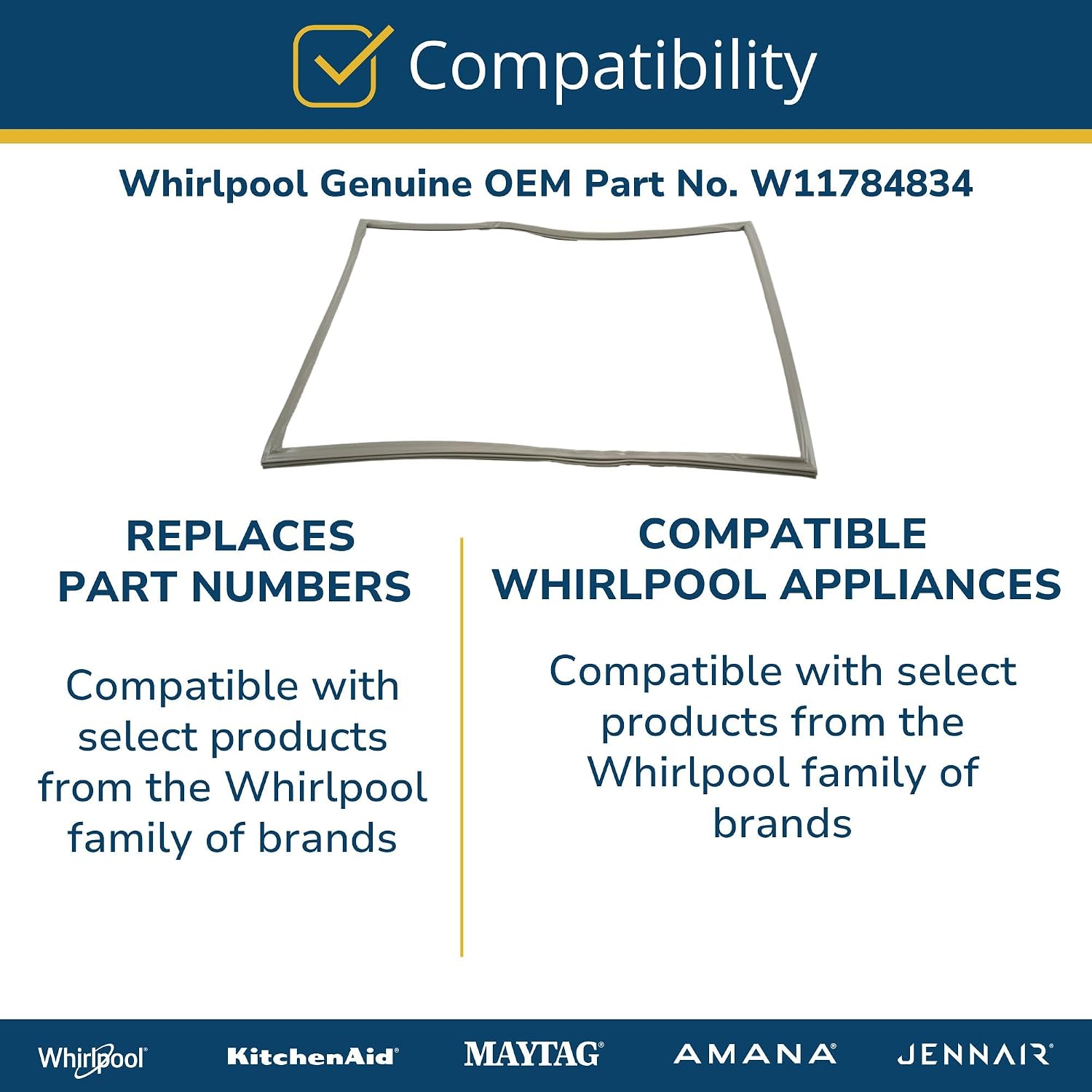 Whirlpool W11784834 Genuine OEM Refrigerator Door Gasket Replacement Part - Replaces W11648071, W11720505, and W11030683