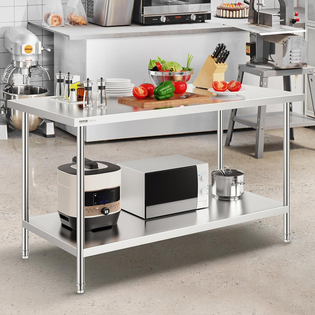 VEVOR Stainless Steel Prep Table, 30 x 60 x 34 Inch, 910 lbs Load Capacity, Heavy Duty Metal Worktable with 3 Adjustable Height Levels, Commercial Workstation for Kitchen Garage Restaurant Backyard