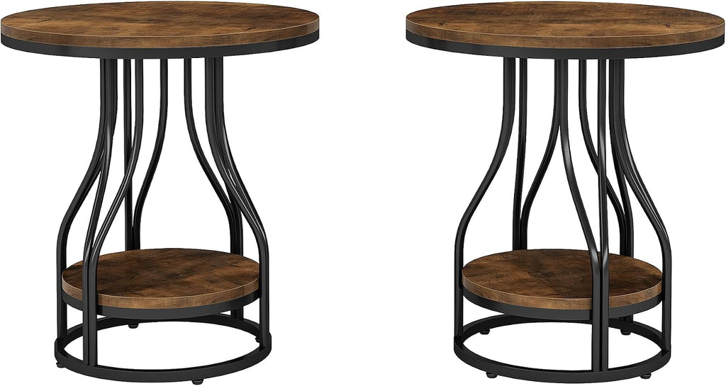 Tribesigns Round Side End Table 2-Tier End Tables Modern Bedside Table Small Chairside Tables with Storage for Couch Side, Nightstand with Metal Frame for Living Room (2 pcs, Brown+Black)