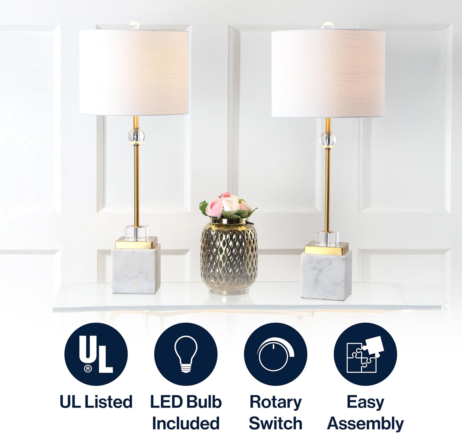JONATHAN Y 30' White Marble and Brass Gold LED Table Lamp Set of 2, Modern Glam Crystal Pedestal Lamps for Living Room Bedroom, White Linen Shade, LED Bulbs Included JYL5008A-SET2