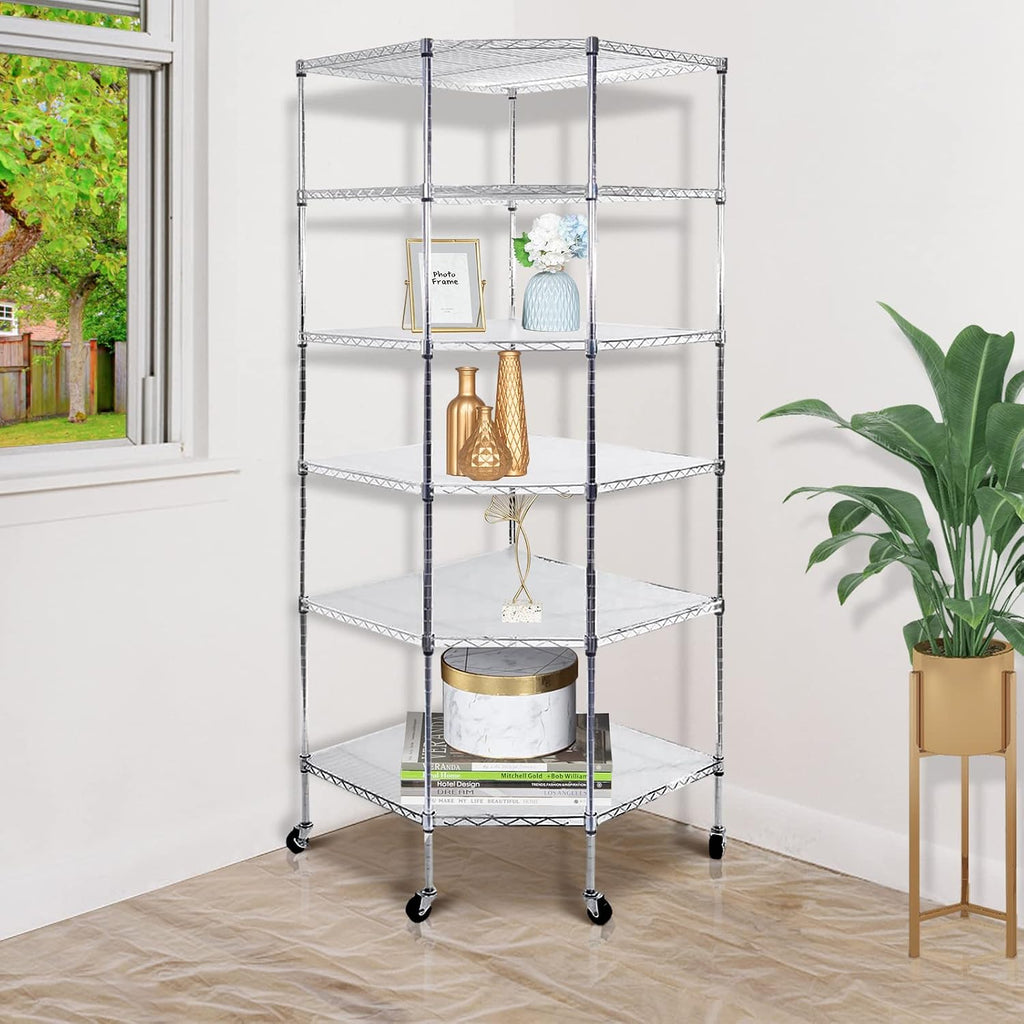 6 Tiers Polygonal Corner Shelf, Metal Storage Standing Rack w/Wheels, Wire Shelving Unit for Kitchen, Garage and Living Room (Silver)