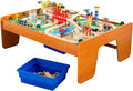 KidKraft Ride Around Town Wooden Train Set and Table with Helicopter, Airplane, Farm, Storage Bins and 100 Pieces, Compatible with Other Major Brand Trains, Honey