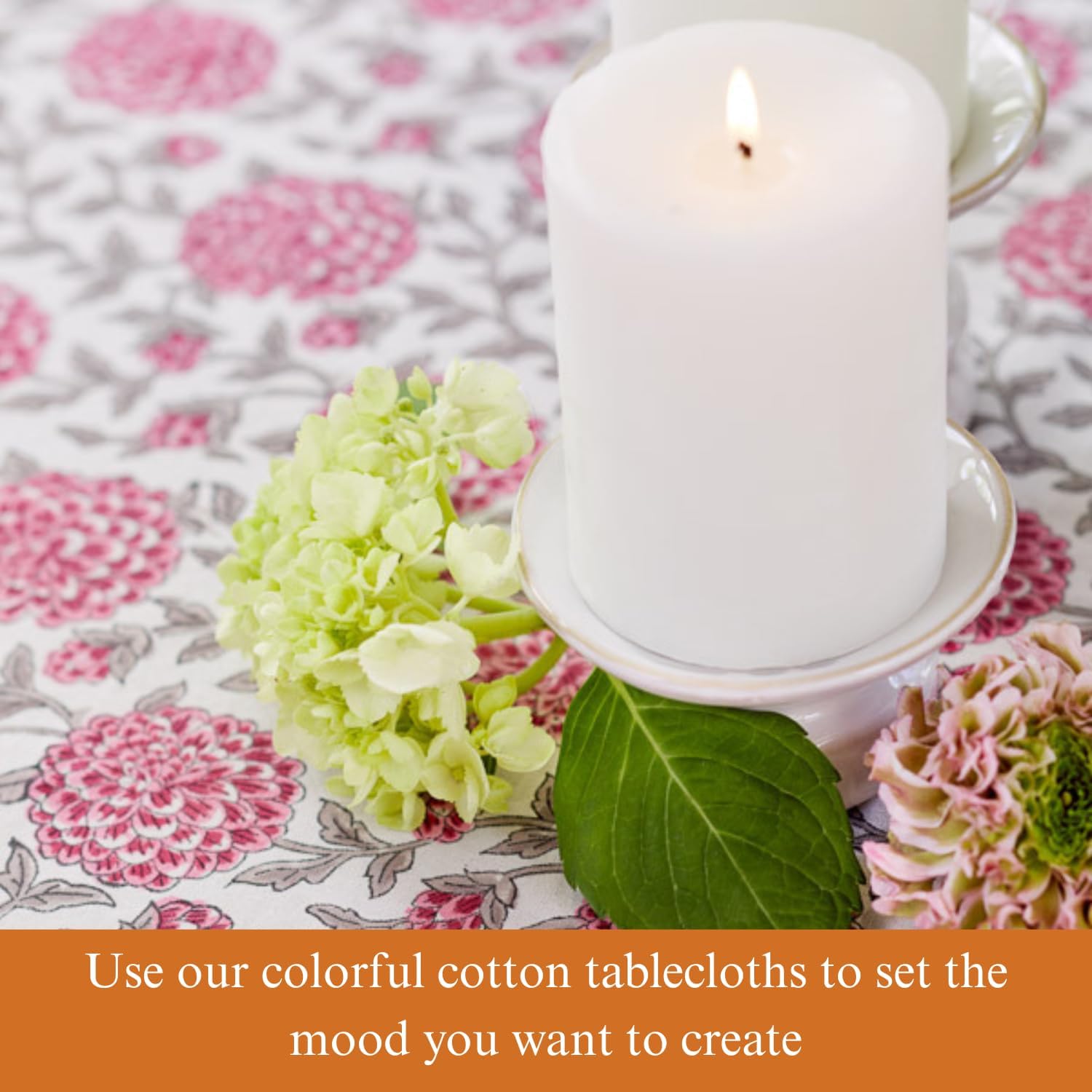 Saffron Marigold Round Hand Block Printed Tablecloth - Pink Dahlia Daydreams Luxurious 100% Cotton, Washable, for Home Decor, Kitchen, Coffee Or Dining Table 70 Inch