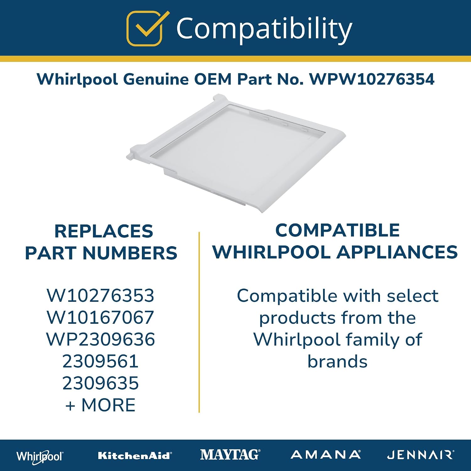 Whirlpool WPW10276354 Genuine OEM Refrigerator Glass Shelf Replacement Part - Replaces W10276353, W10167067, WP2309636, and more