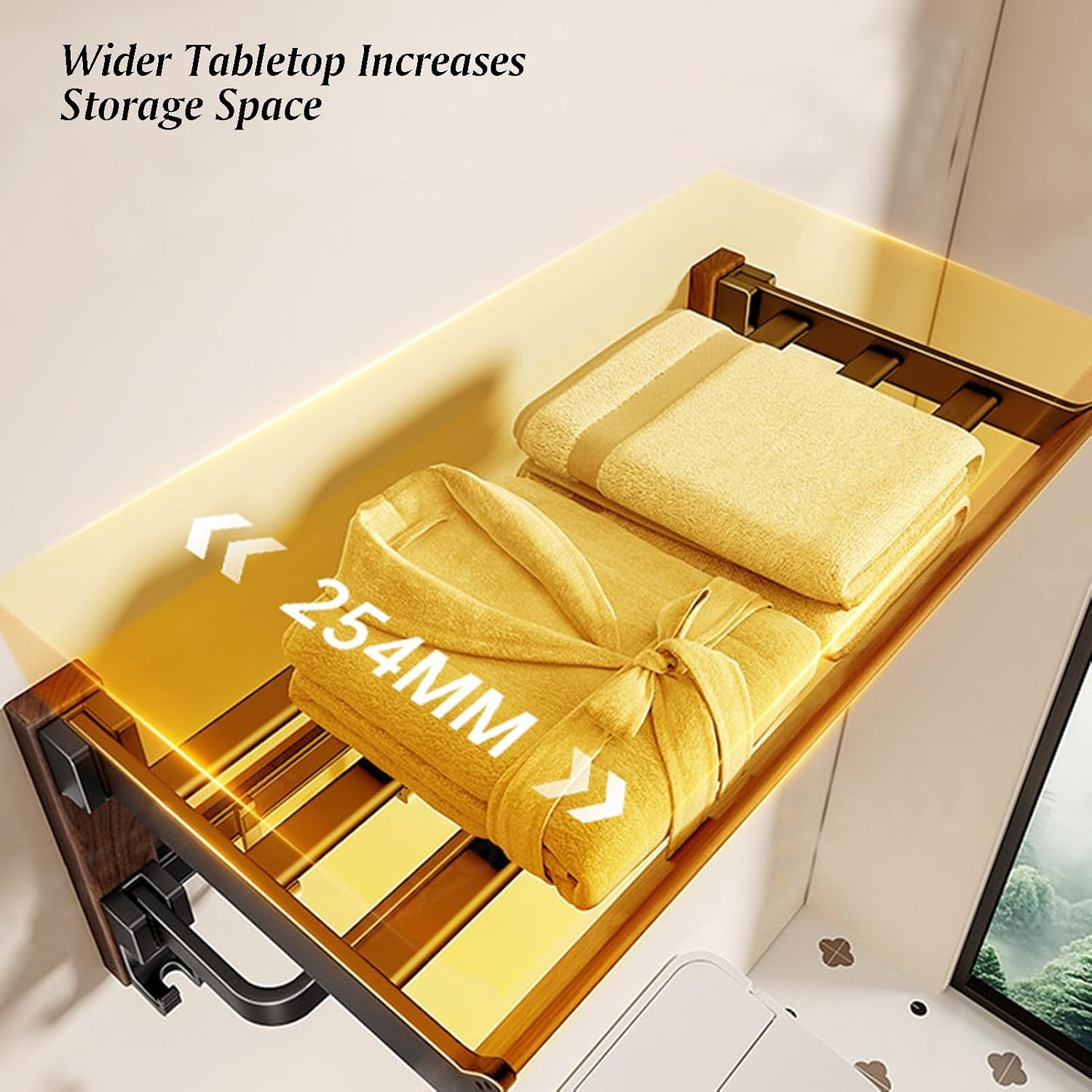 Towel Rack,Space Aluminum+Solid Wood Double Layer Bar Wall Mounted,with Double Foldable Shelf,Mesh Basket and Hooks,for Bedroom Bathroom Kitchen(20.3x25.4x50cm)
