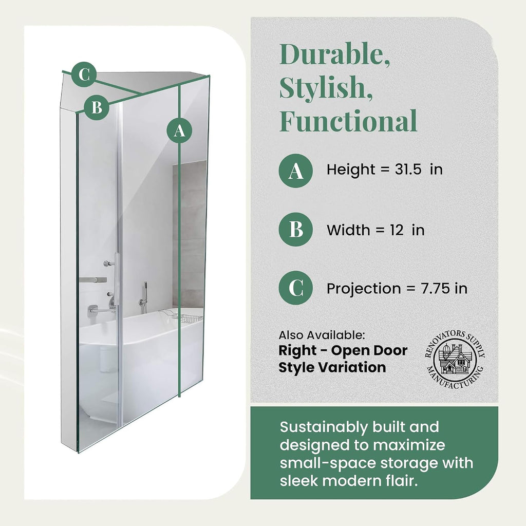 Renovators Supply Infinity Corner Medicine Cabinet with Mirror - Triple Shelf Storage Cabinet - Modern Wall Mount Medicine Cabinet - 31.5 in., Left Open, Brushed Stainless Steel, Pack of 1