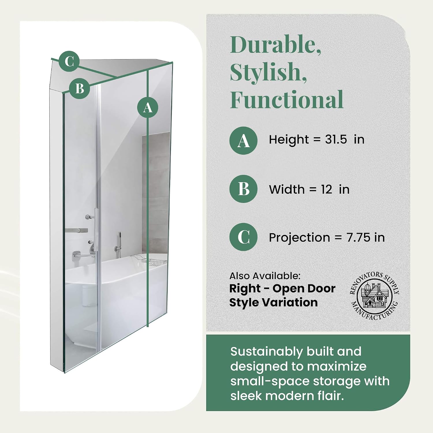 Renovators Supply Infinity Corner Medicine Cabinet with Mirror - Triple Shelf Storage Cabinet - Modern Wall Mount Medicine Cabinet - 31.5 in., Left Open, Brushed Stainless Steel, Pack of 1
