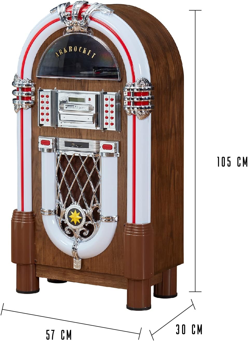Arkrocket Full Size Jukebox Vinyl Record Player Bluetooth USB SD CD Player Radio Retro Turntable Classic Jukebox (Taurus II - Oak)