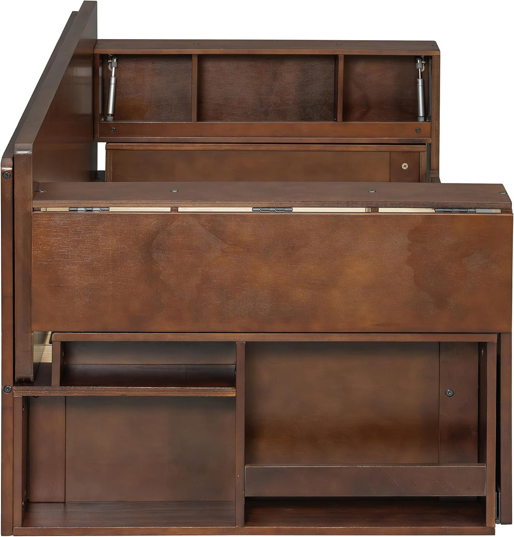 Wood Daybed Full Size with Removable Desk and Extendable Armrests, 4-in-1 Multifunctional Design Daybed Sofa Bed with Storage Drawers & Hydraulic Side Table (Espresso-11.27, Full)