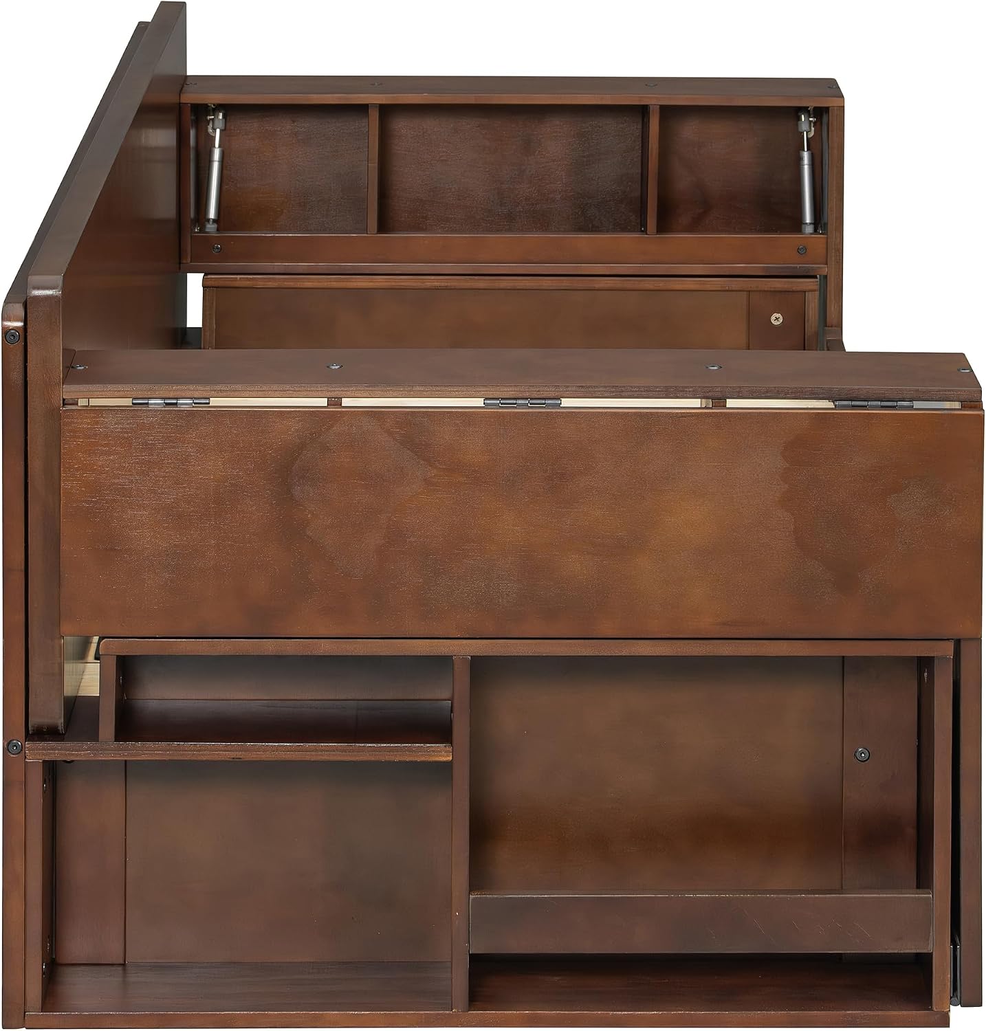 Wood Daybed Full Size with Removable Desk and Extendable Armrests, 4-in-1 Multifunctional Design Daybed Sofa Bed with Storage Drawers & Hydraulic Side Table (Espresso-11.27, Full)